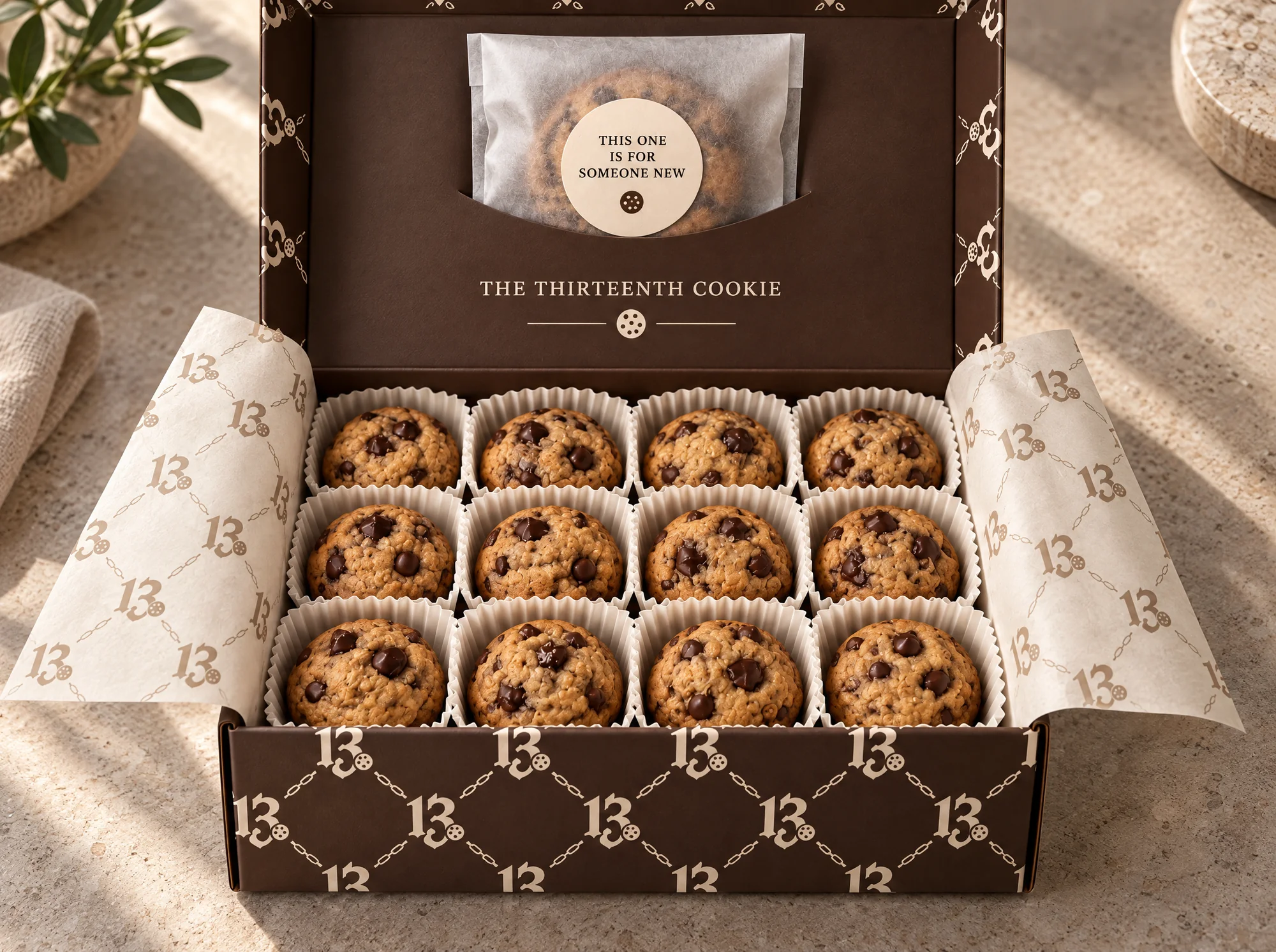 An open cocoa box printed with the 13 monogram holding twelve chocolate chip cookies, the thirteenth sealed in the lid with a sticker: This one is for someone new.