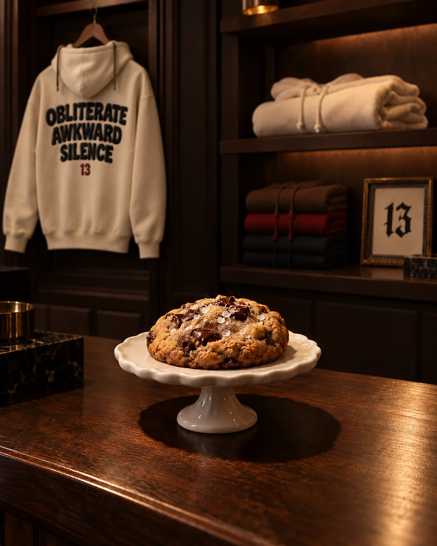 A single chocolate chip cookie on a white cake stand in a warm, dark shop. Behind it, a bone hoodie printed Obliterate Awkward Silence hangs by the shelves of folded hoodies.