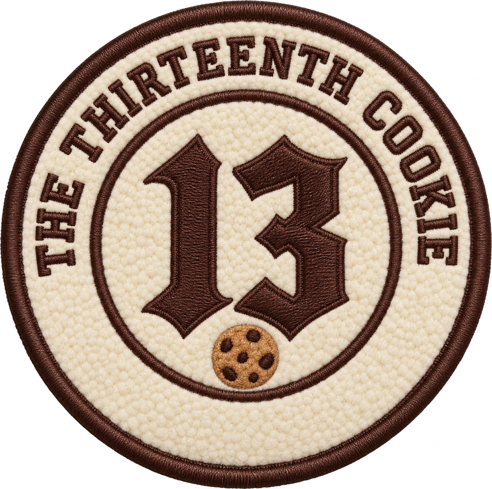 Round chenille patch: The Thirteenth Cookie, a blackletter 13 with a cookie at its foot.